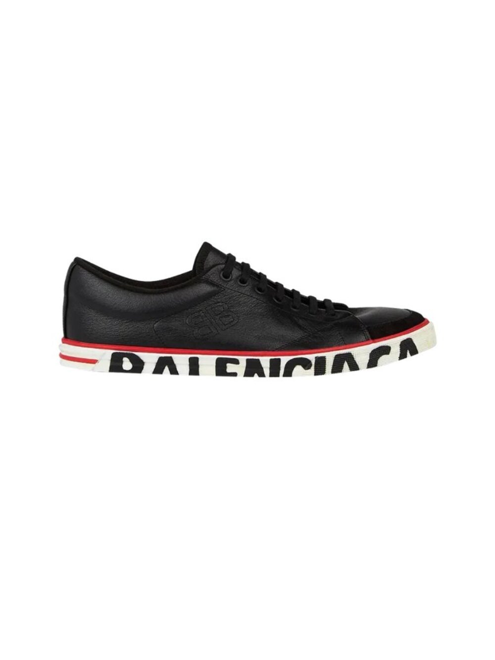 Balenciaga Black Leather Low-Top Sneakers With Red & White Sole Detailing  Sz 41